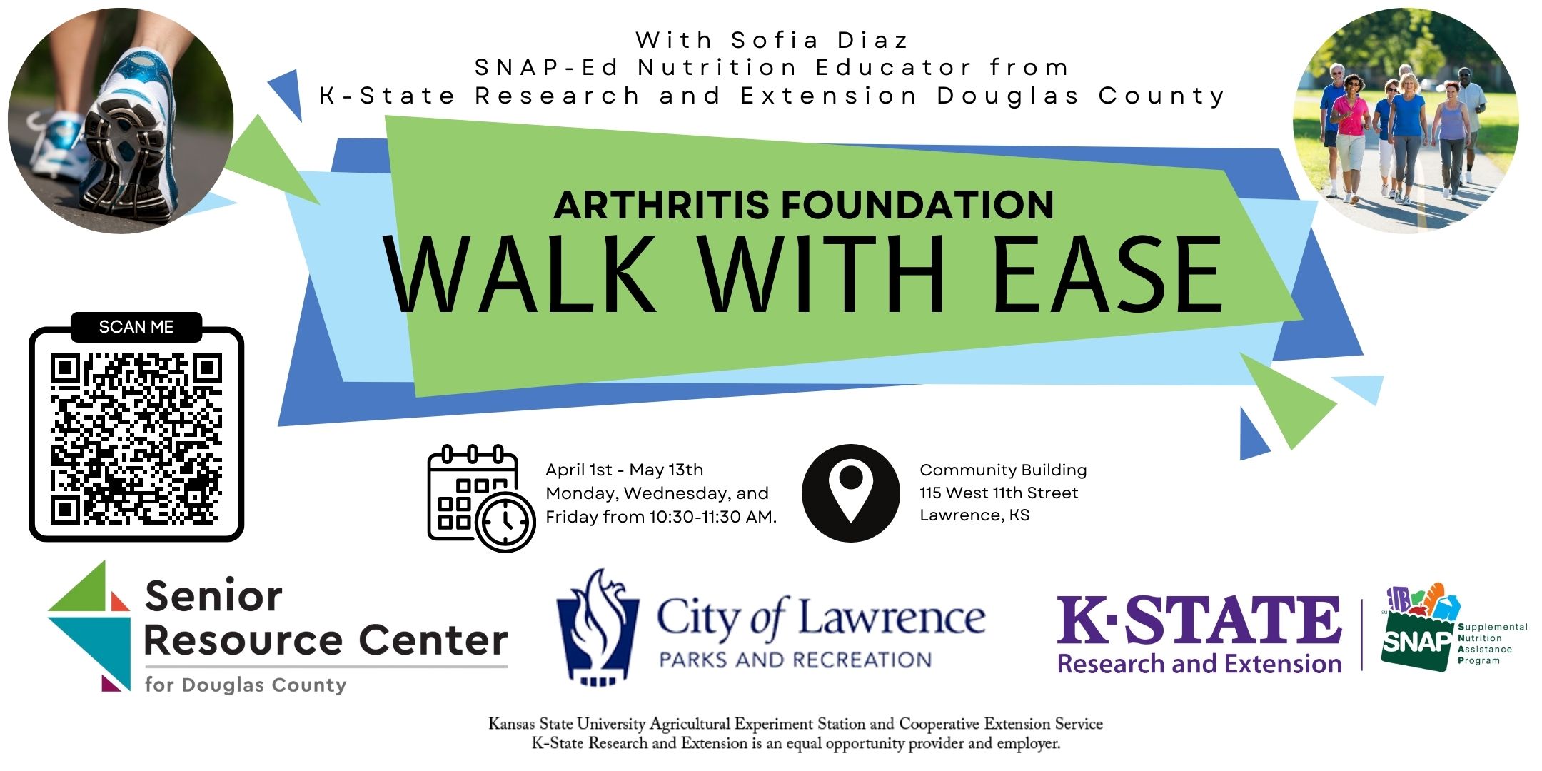 Join us for 3 days a week for This FREE 6 - Week program that includes a guidebook with solutions for problems with being physically active. Walk with ease Arthritis Foundation bit.ly/42M2gQv April 1st - May 13th  Monday, Wednesday, and Friday from 10:30-11:30 AM. Community Building  115 West 11th Street Lawrence, KS Reduce the pain and discomfort of arthritis Increase balance, strength and walking pace Build confidence in your ability to be physically active Improve overall health