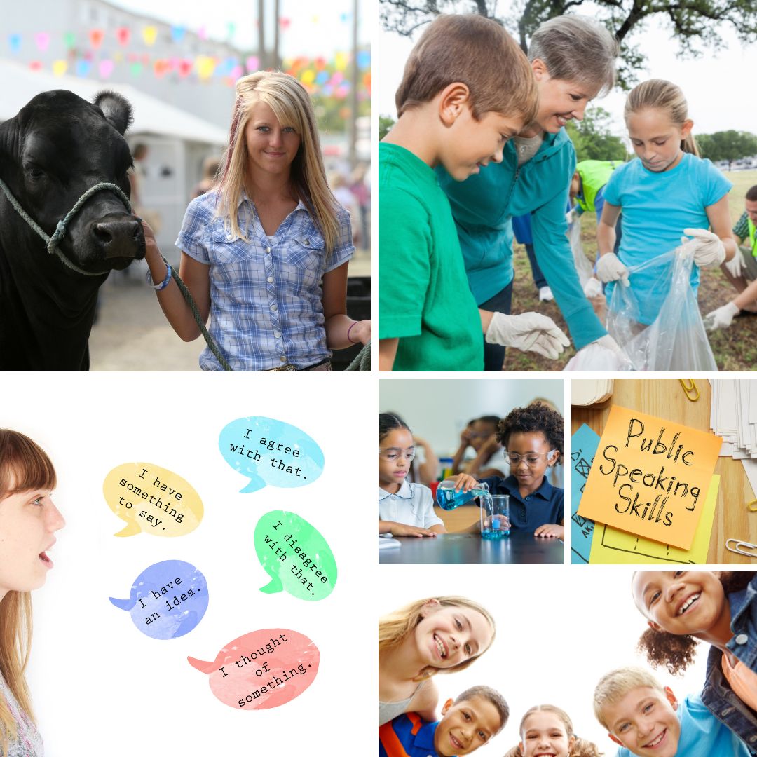 collage of various youth - one with a cow,others cleaning up litter, one sharing thier thoughts to assorted speech bubbles, stem progrect and 5 youth looking down on camera