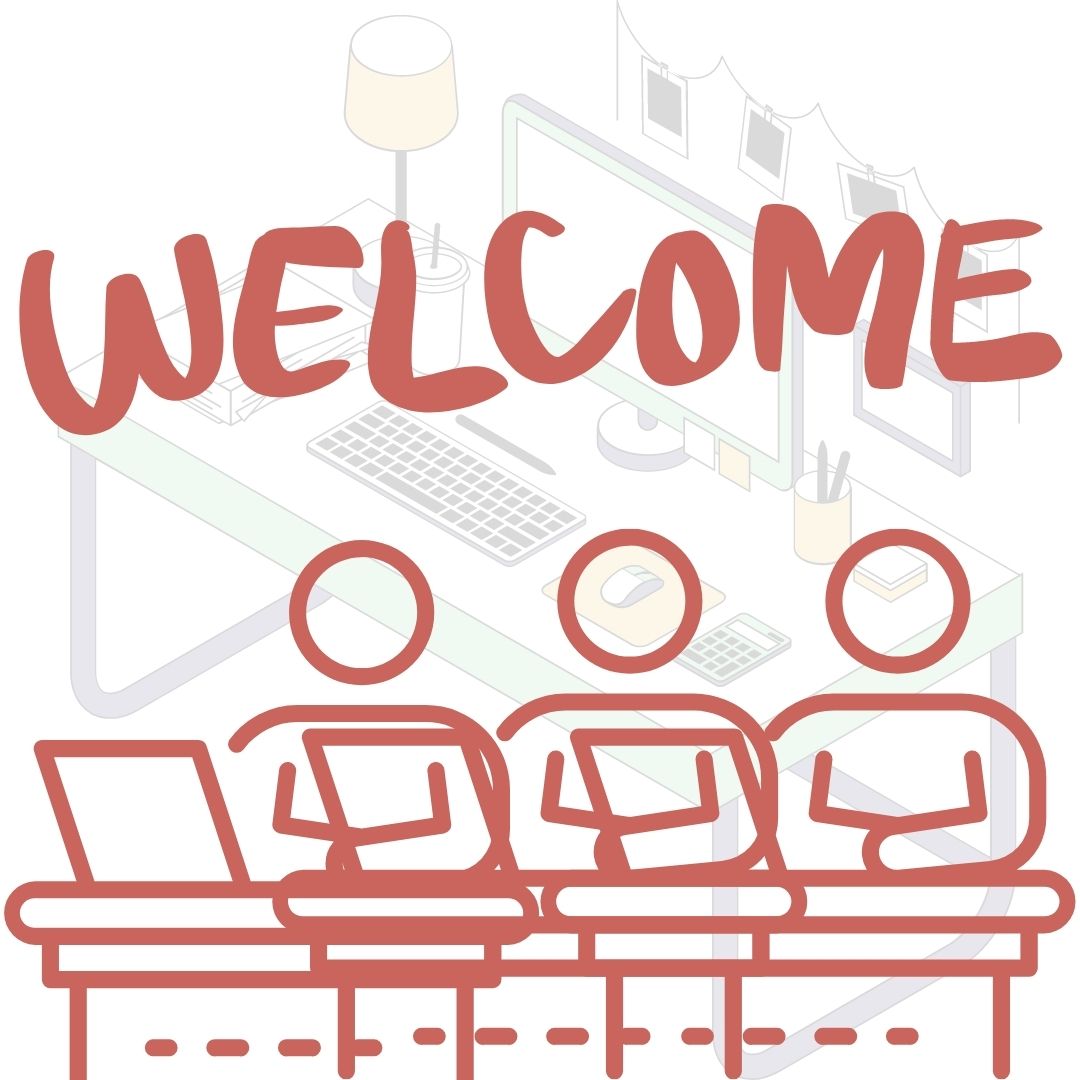 welcome text with computer desk with various office items on it 