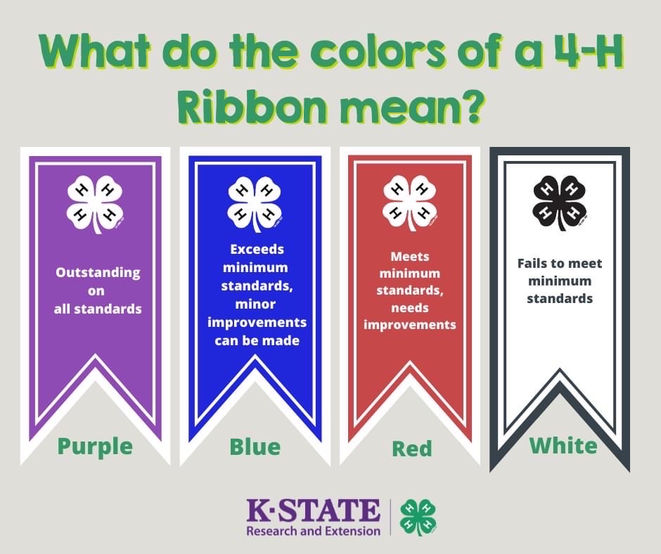 What do the colors of a 4-H Ribbon mean? Purple = Outstanding on all standards. Blue= Exceeds minimum standards, minor improvements can be made. Red= Meets minimum standards. White = Fails to meet minimum standards