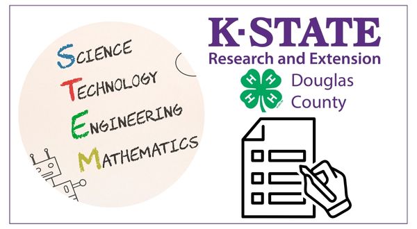stem being spelt out as science technology engineering and mathamatics - douglas county extension k-state logo and lineart of a  hand filling out a form