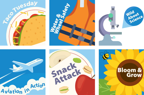Icons reperestenting various summer camp activities.