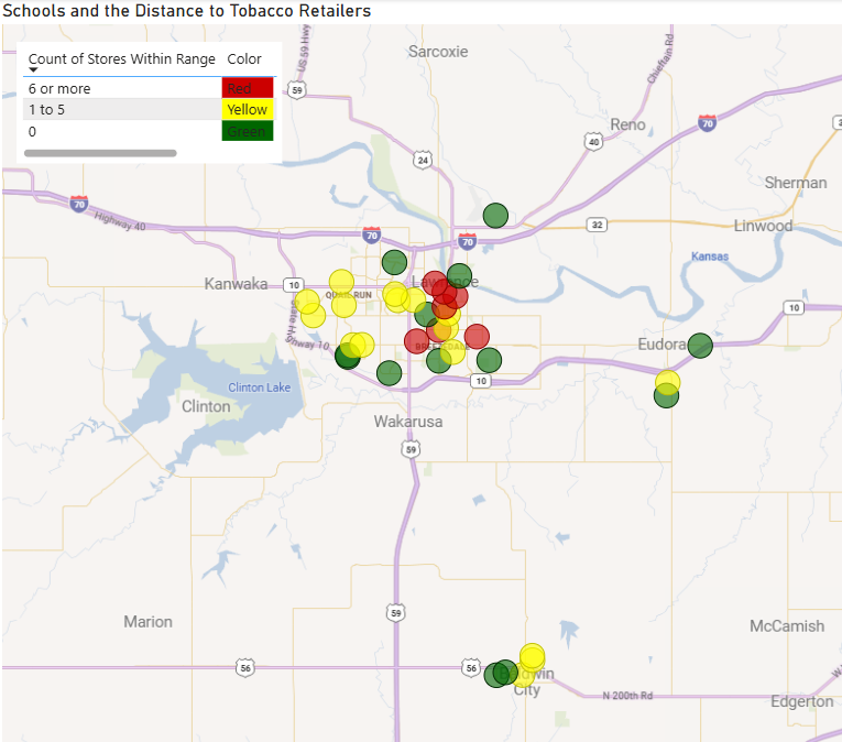 map of douglas county showing the close proximity of tabacco retailers to schools.