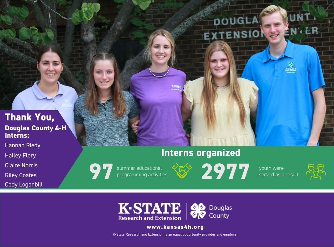 Thank you Douglas County 4-H Interns: Hannah Riedy, Halley Flory, Claire Norris, Riley Coates, Cody Loganbill. Interns Organizzed 97 summer educational programming activities, 2977 youth were served as a result. K-State Research and Extension 4-H of Douglas County  www.kansas4h.org , K-State Research and Extension is an equal opportunity provider and employer. 