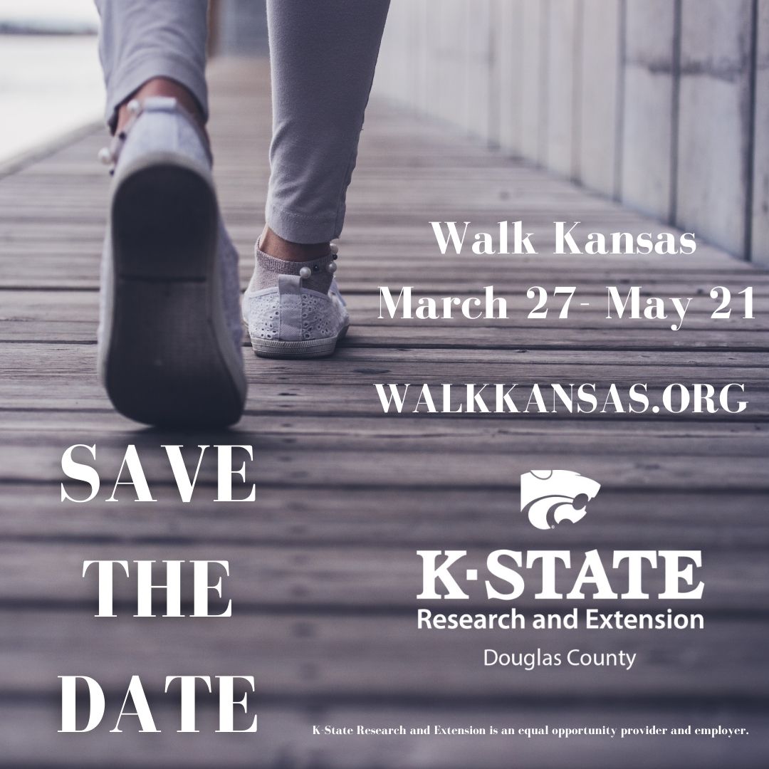 Walk  Kansas Promo. Foot Walking forward with shoes on. text highlighitng the March 27 - May 21