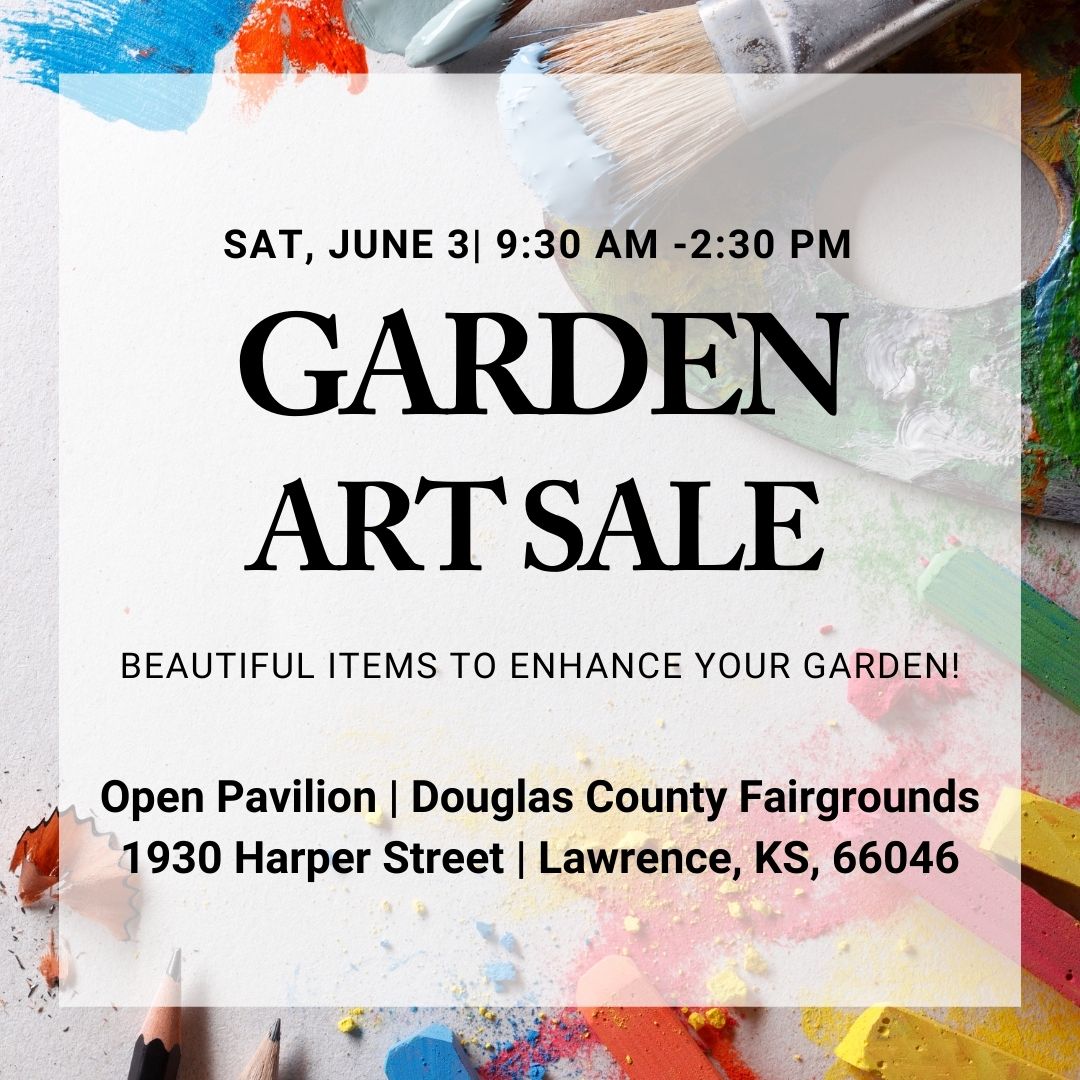 Garden Art Sale Promo with garden information in the fore front and a paint brush, crayions and pencils in the background