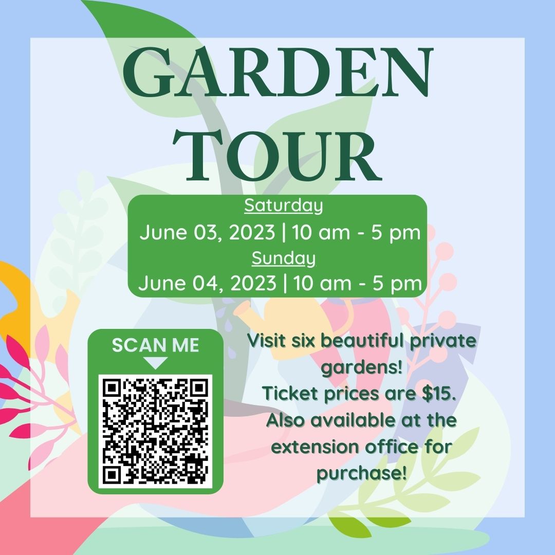 garden tour information in the foreground adn background is a design of cartoon woman growing something on the palm of someonelses hand