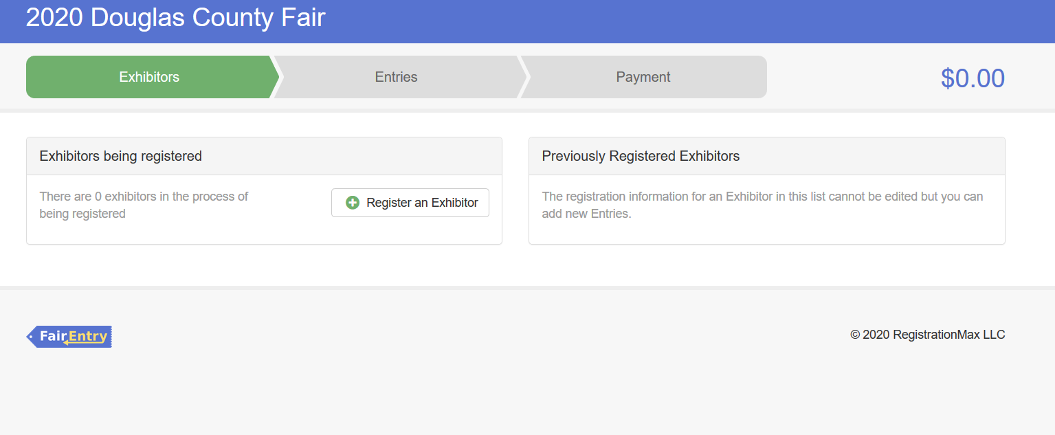 screen shot of fair entry page showing "register an exhibitor"