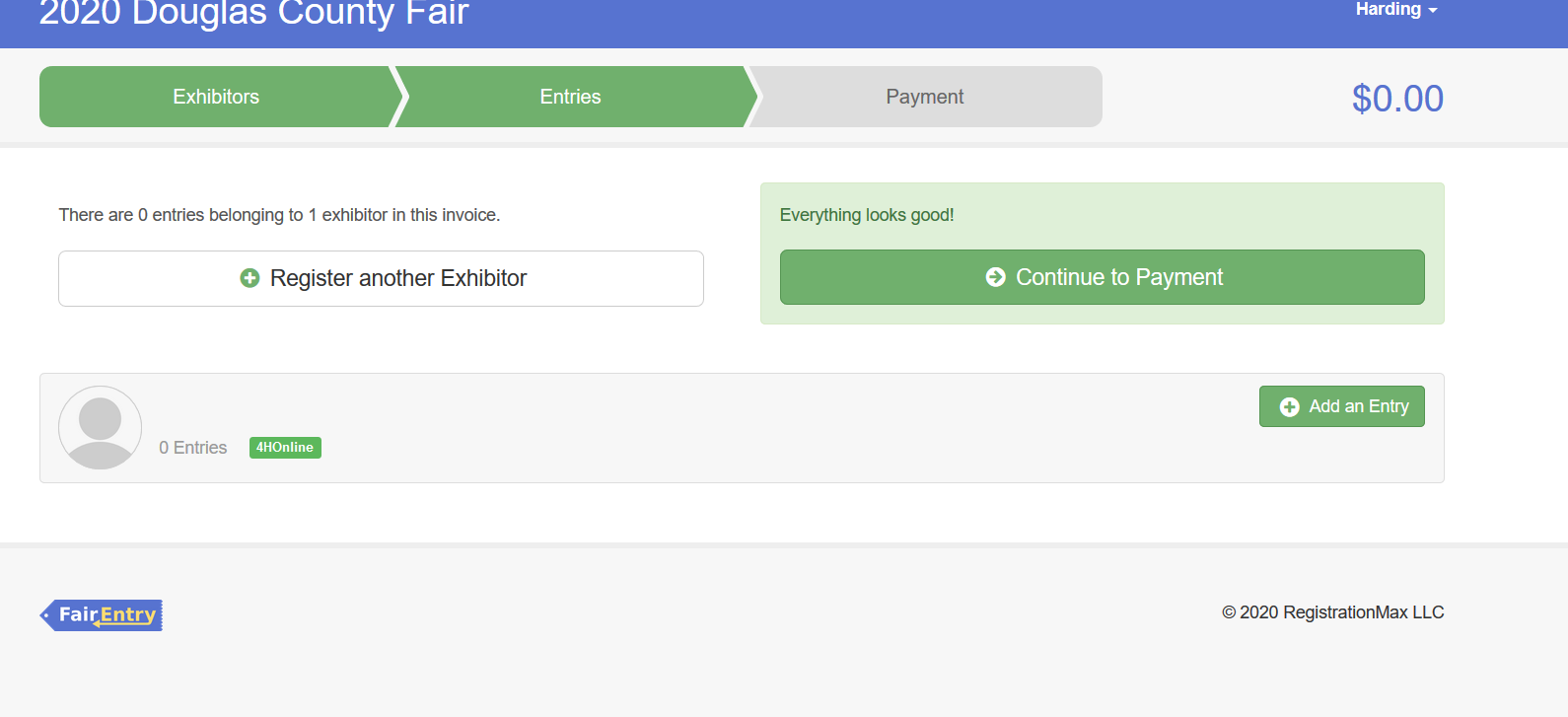 screenshot of page showing add an entry highlighted in green next to 4-her's name