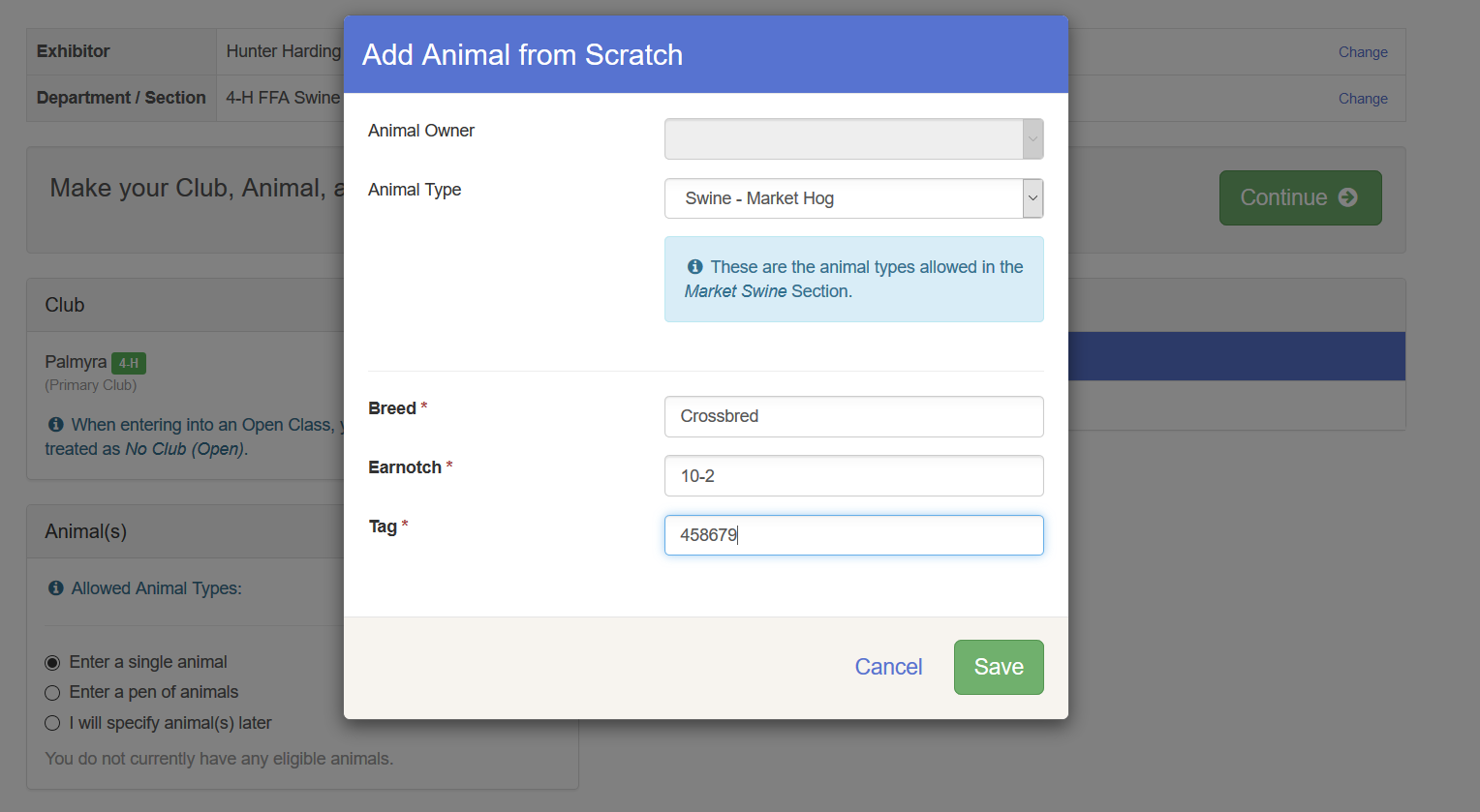 screenshot of "add an animal from scratch" screen
