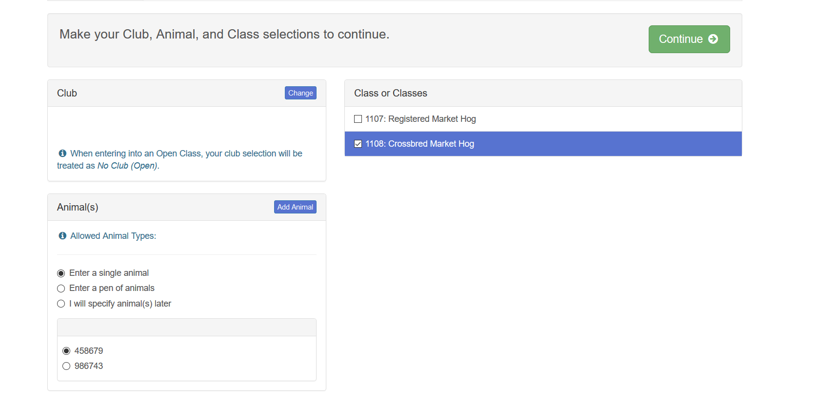 screenshot of the animal class being selected