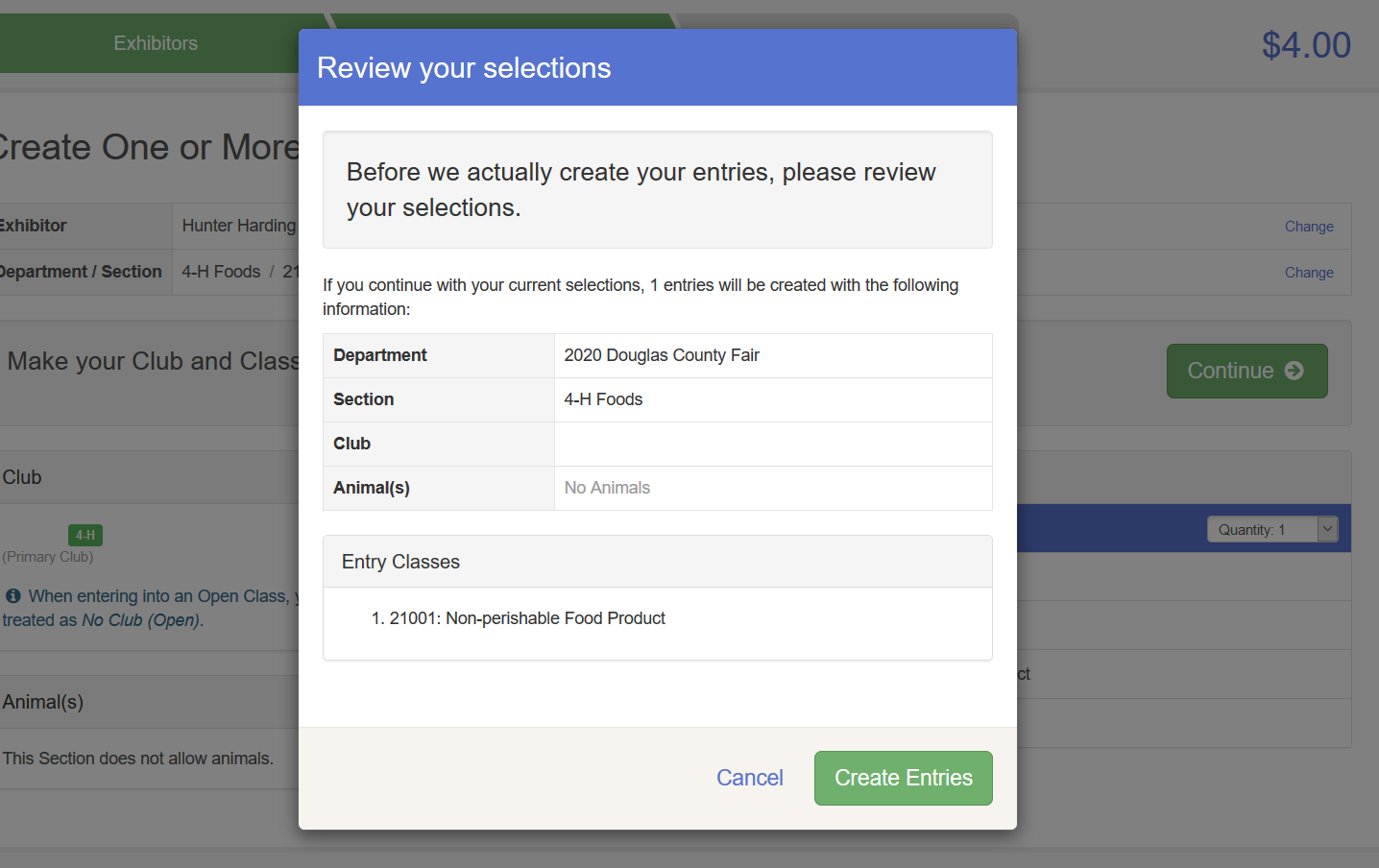 screnshot of 'review your selections' showing 'create entries' highlighted in green